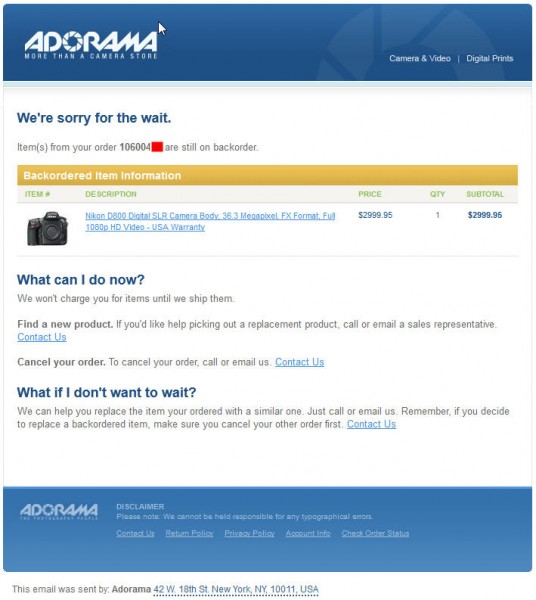 Adorama's We Are Sorry For The Wait Of Nikon D800 email