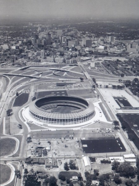 View of the Atlanta skyline and the Atlanta-Fulton County Stadium, opened in 1965, demolished in 1997.