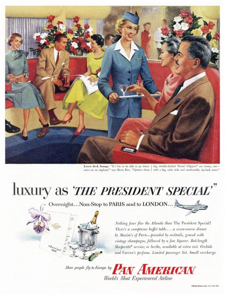 1954 Pan American Airlines Lower Deck Lounge Magazine Ad